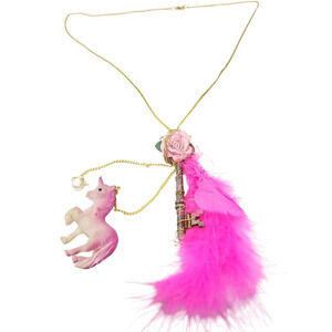 18K Freshwater Pearl Pink Rose Porcelain Cabochons Unicorn Skeleton Key Necklace